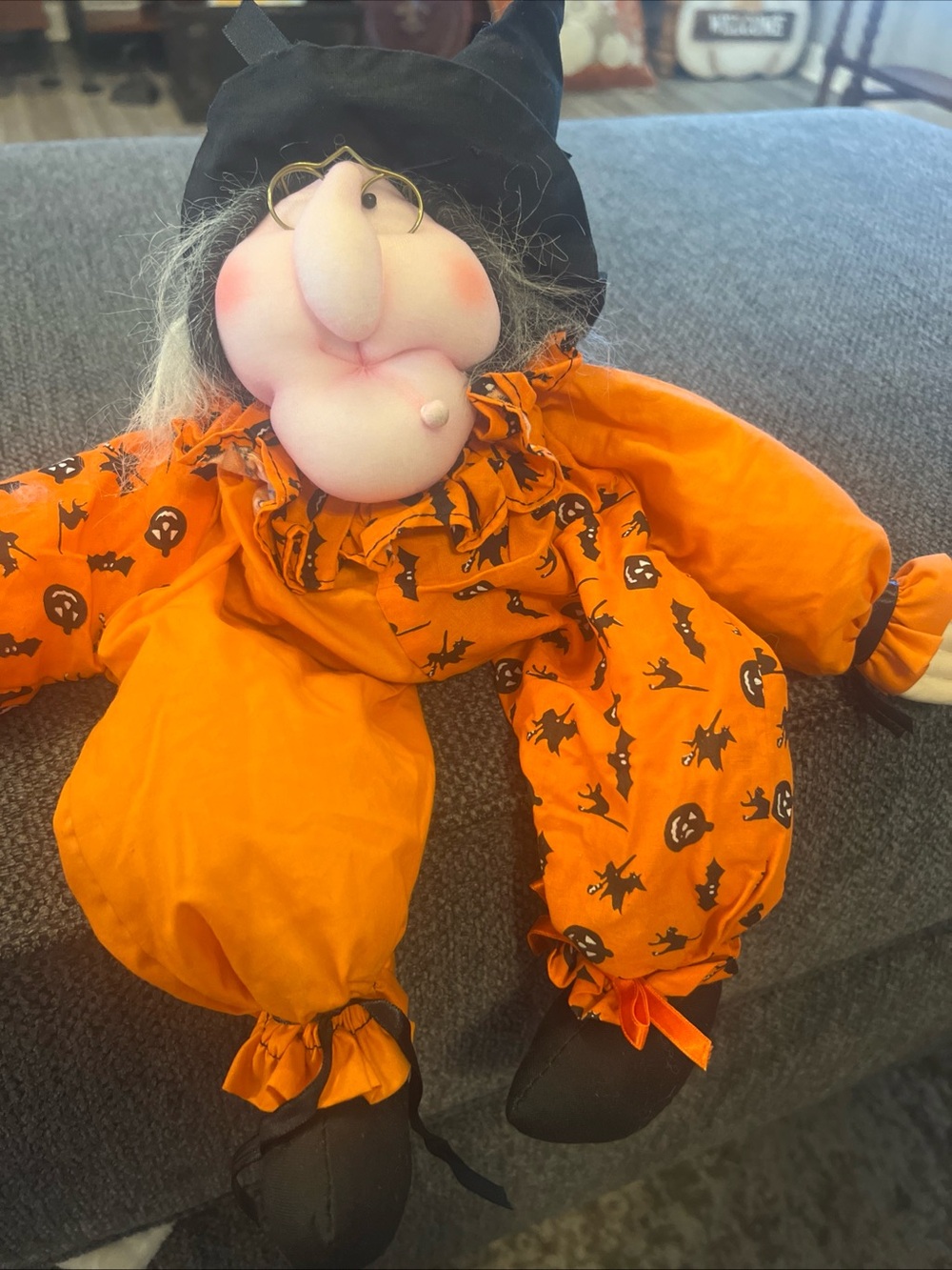Vtg 1992 Halloween Witch Doll Decor in Orange and Black- Festive Shelf sitter